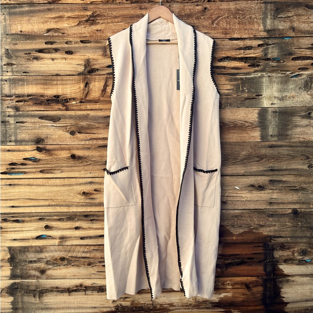 TAHARI | NWT Sleeveless Cream Long Vest with Black Trim Duster Cardigan M